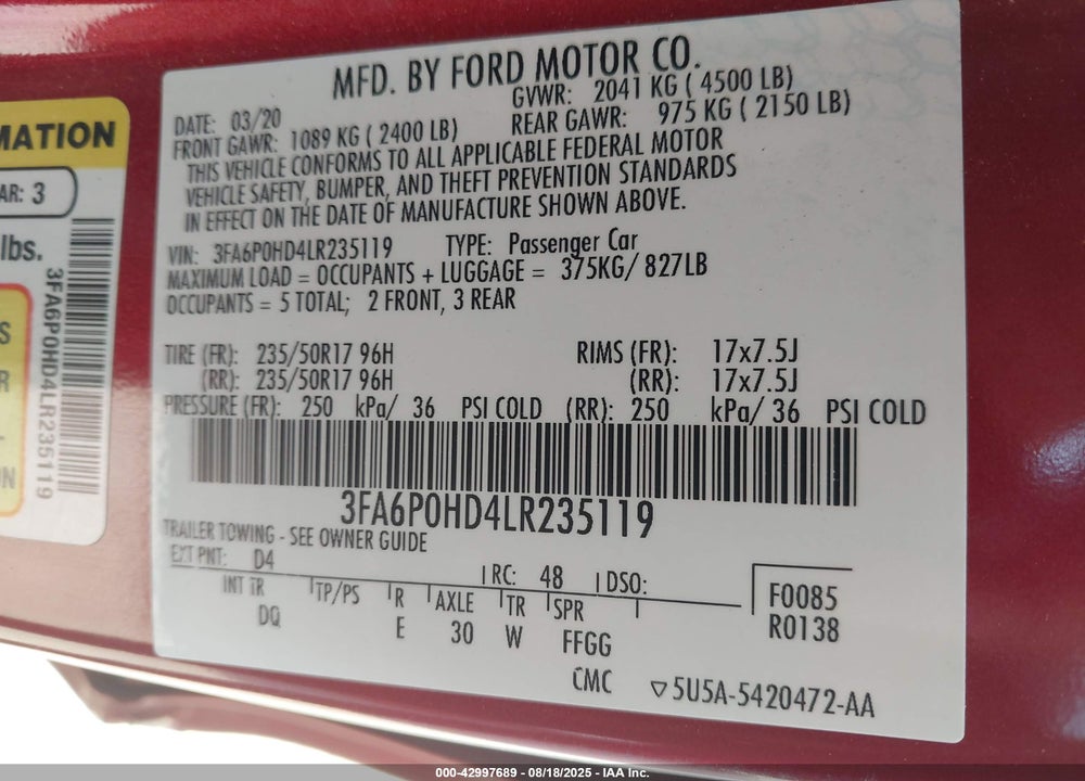 2020 FORD FUSION VIN: 3FA6P0HD4LR235119