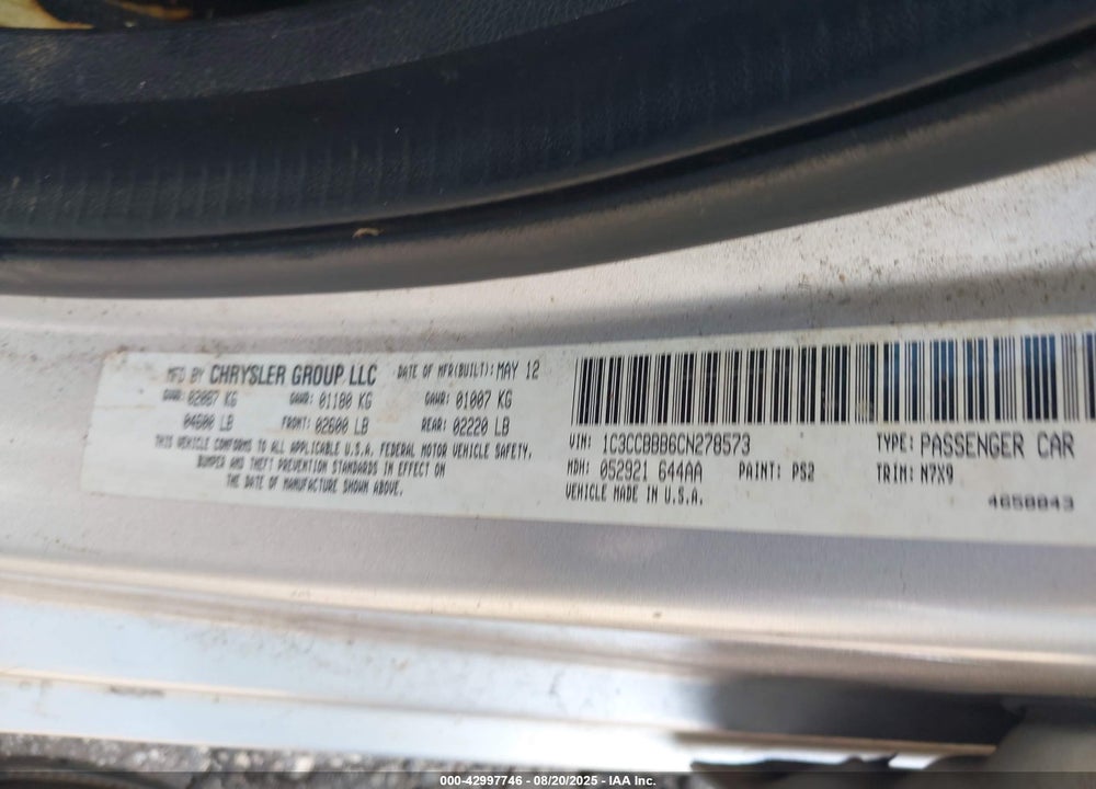 2012 CHRYSLER 200 VIN: 1C3CCBBB6CN278573