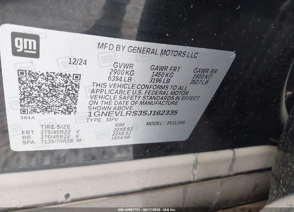 2025 CHEVROLET TRAVERSE VIN: 1GNEVLRS3SJ162335