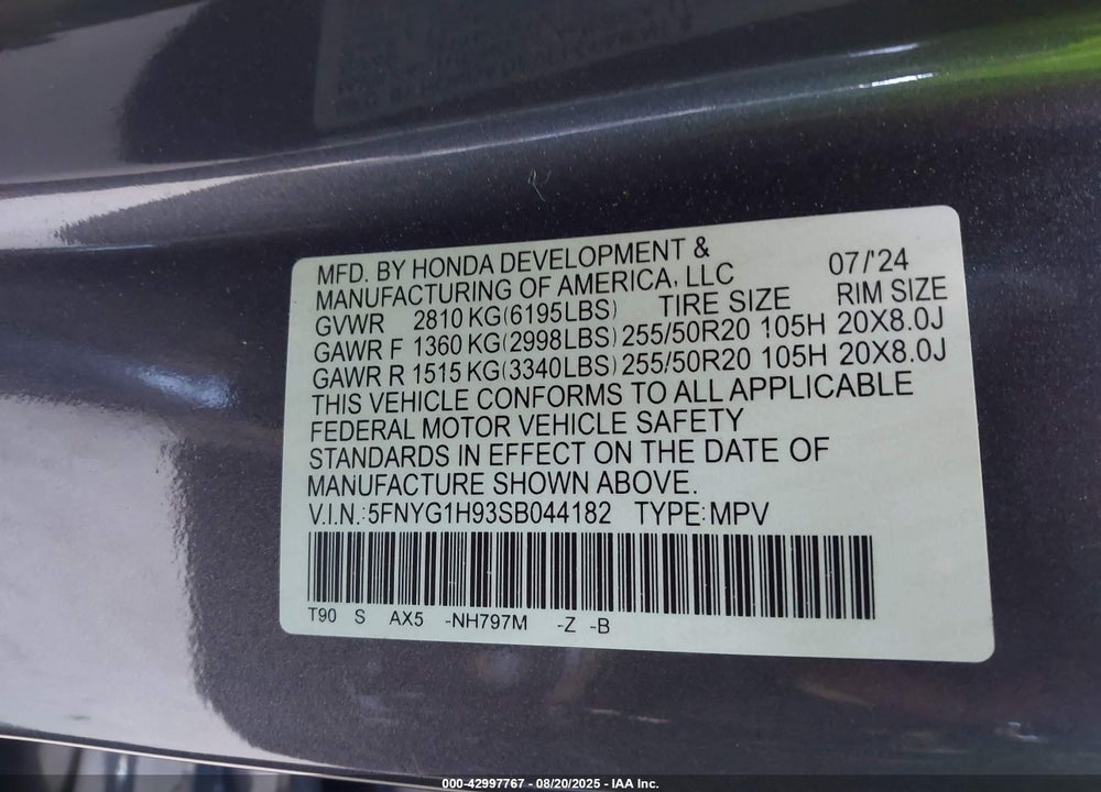 2025 HONDA PILOT VIN: 5FNYG1H93SB044182
