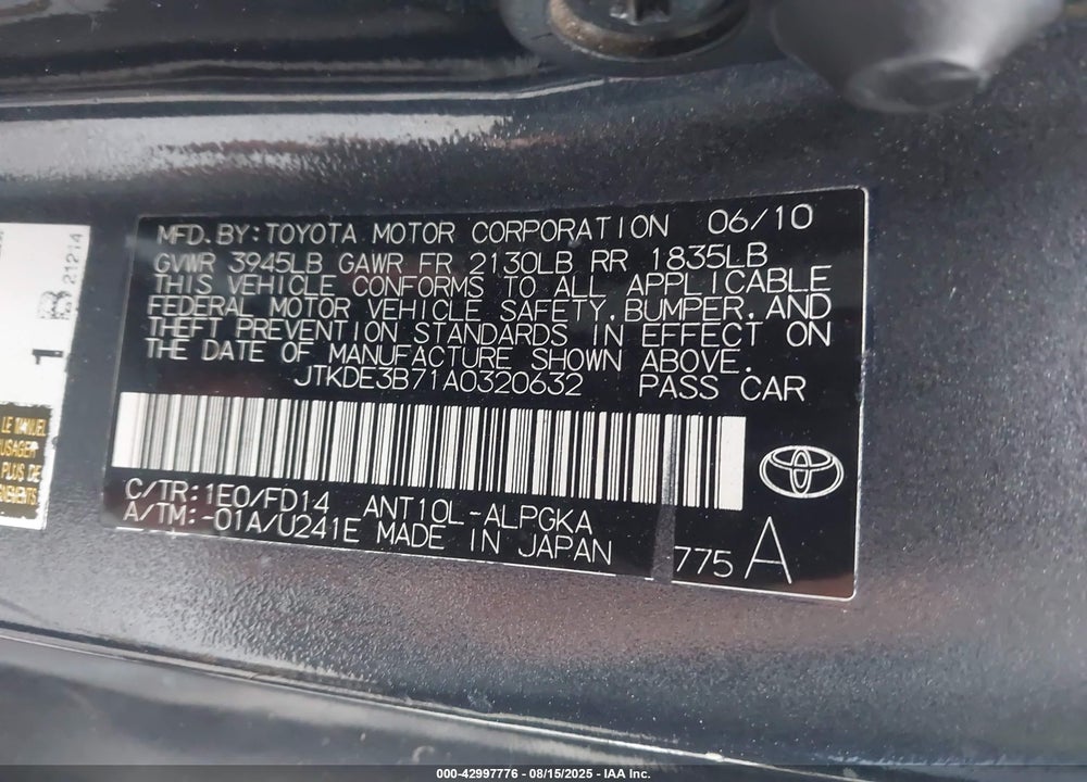 2010 SCION TC VIN: JTKDE3B71A0320632
