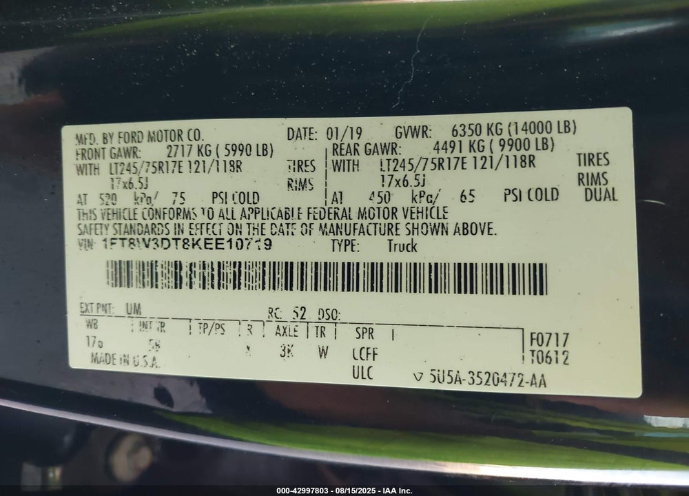 2019 FORD F-350 LARIAT VIN: 1FT8W3DT8KEE10719