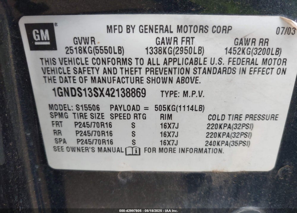 2004 CHEVROLET TRAILBLAZER LS VIN: 1GNDS13SX42138869