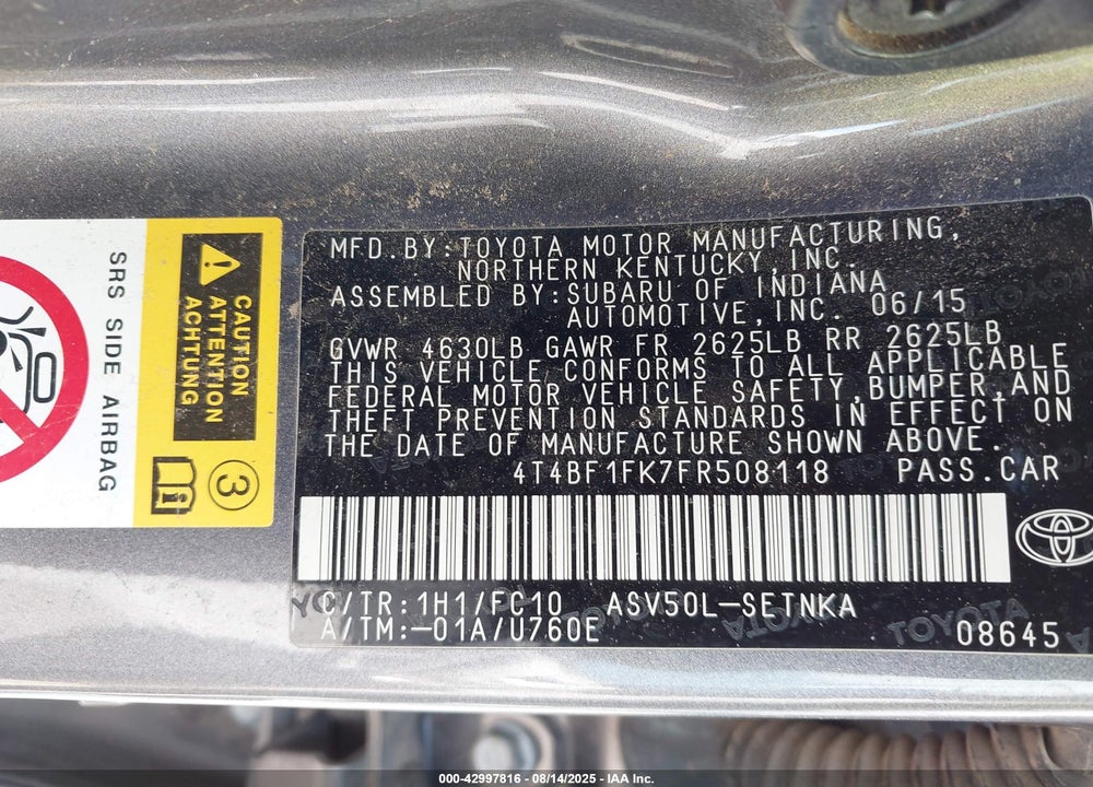 2015 TOYOTA CAMRY VIN: 4T4BF1FK7FR508118