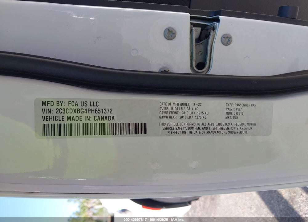 2023 DODGE CHARGER SXT VIN: 2C3CDXBG4PH651372
