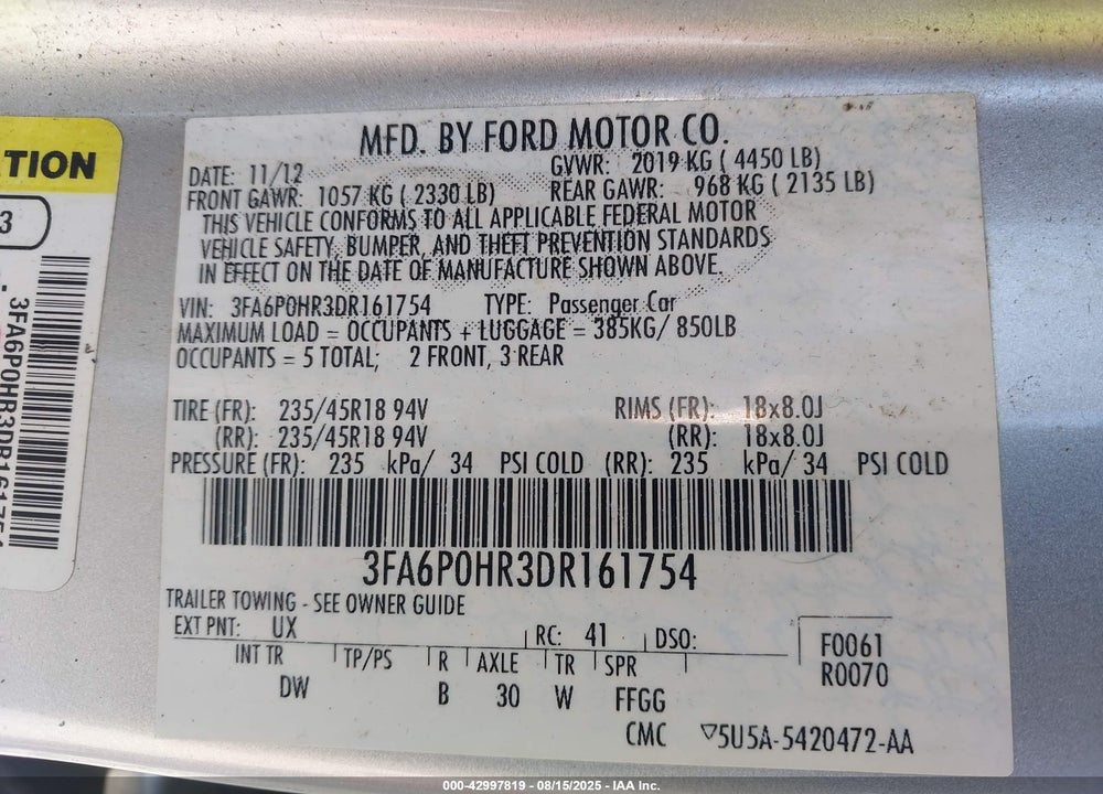 2013 FORD FUSION VIN: 3FA6P0HR3DR161754