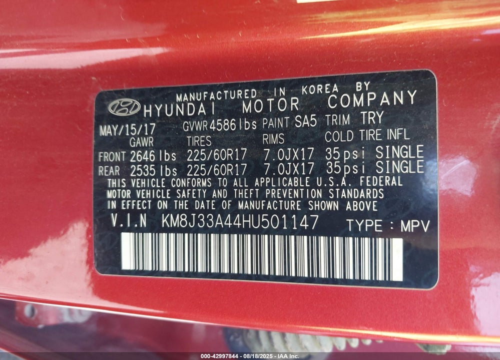 2017 HYUNDAI TUCSON VIN: KM8J33A44HU501147