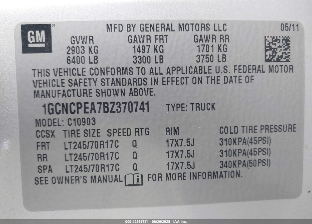 2011 CHEVROLET SILVERADO 1500 WORK TRUCK VIN: 1GCNCPEA7BZ370741