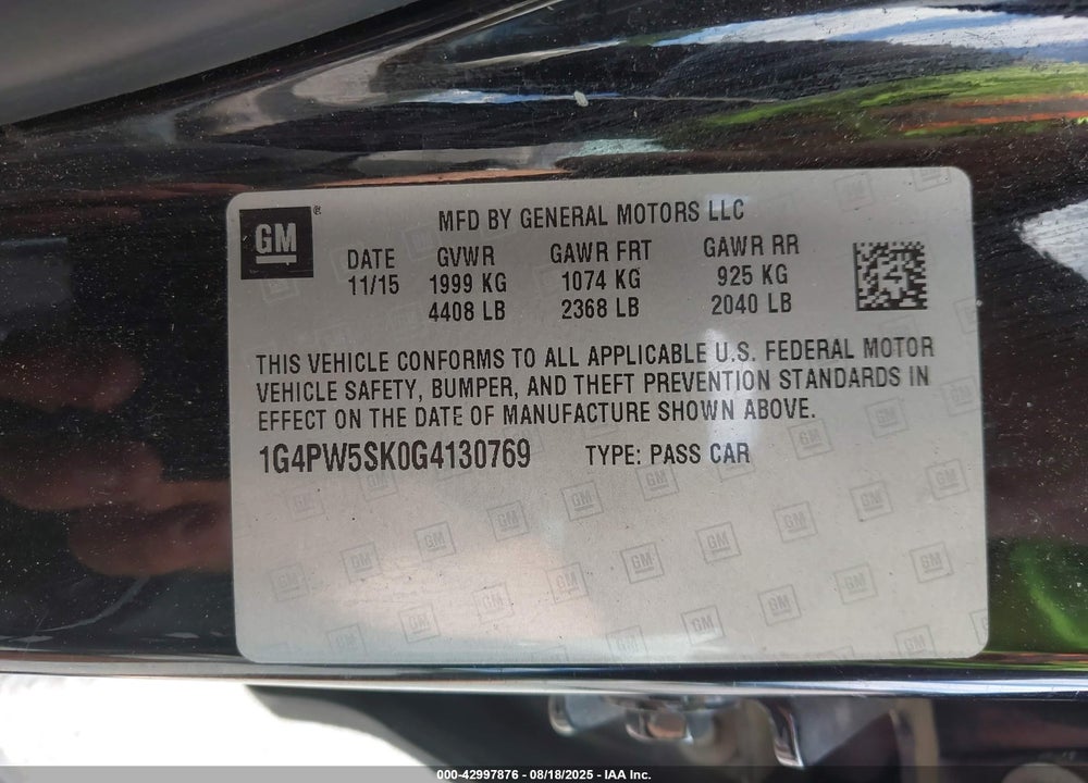 2016 BUICK VERANO VIN: 1G4PW5SK0G4130769