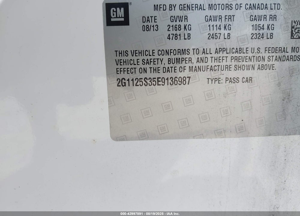 2014 CHEVROLET IMPALA VIN: 2G1125S35E9136987
