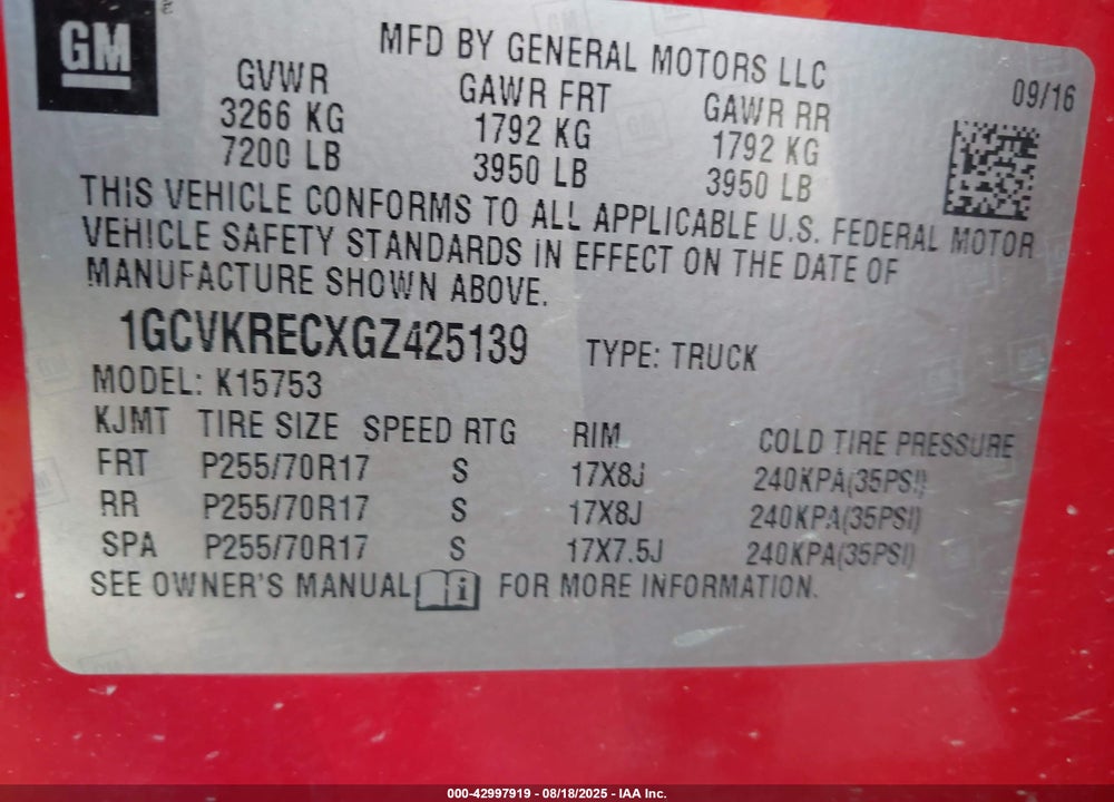 2016 CHEVROLET SILVERADO 1500 1LT VIN: 1GCVKRECXGZ425139