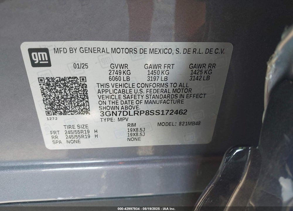 2025 CHEVROLET EQUINOX EV LT VIN: 3GN7DLRP8SS172462