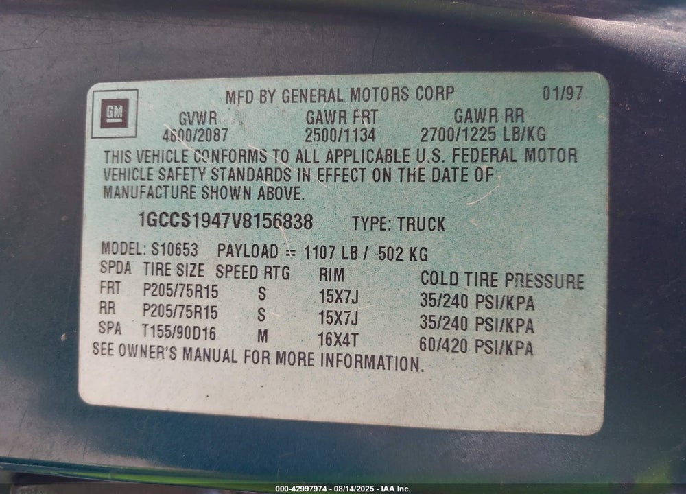 1997 CHEVROLET S-10 LS FLEETSIDE CMI VIN: 1GCCS1947V8156838