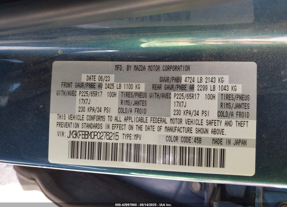 2023 MAZDA CX-5 VIN: JM3KFBBM0P0276215