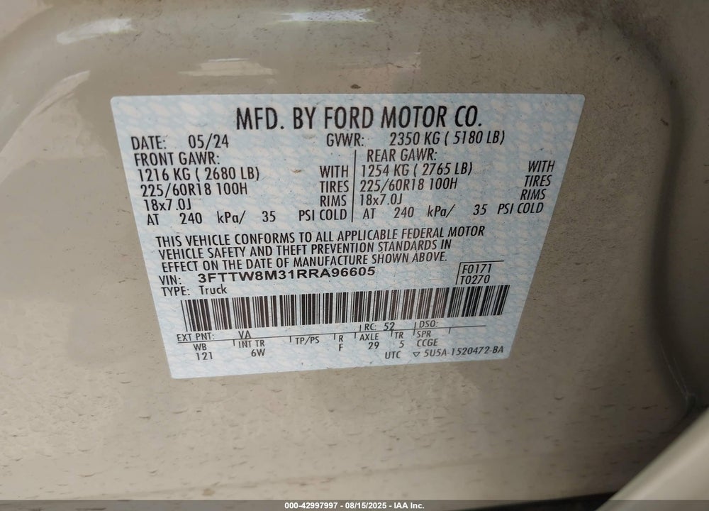 2024 FORD MAVERICK VIN: 3FTTW8M31RRA96605