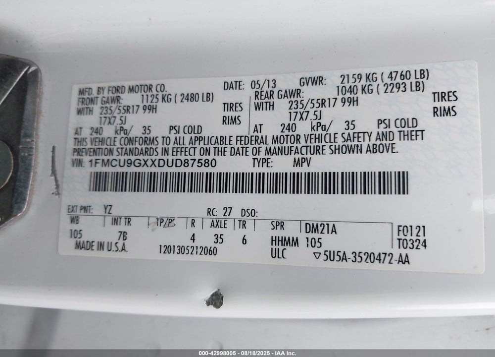 2013 FORD ESCAPE VIN: 1FMCU9GXXDUD87580