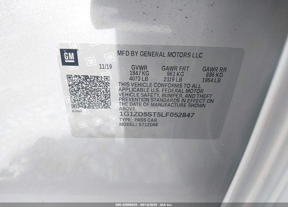 2020 CHEVROLET MALIBU FWD LT VIN: 1G1ZD5ST5LF052847