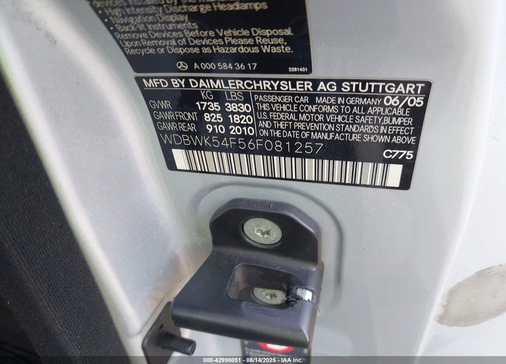2006 MERCEDES-BENZ SLK 280 VIN: WDBWK54F56F081257