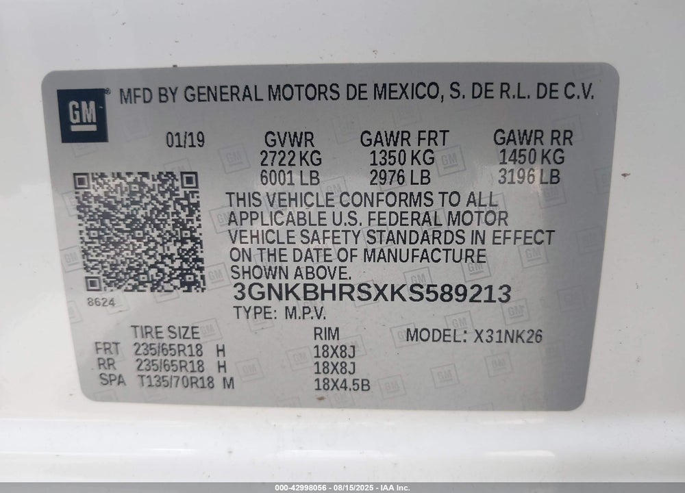 2019 CHEVROLET BLAZER VIN: 3GNKBHRSXKS589213
