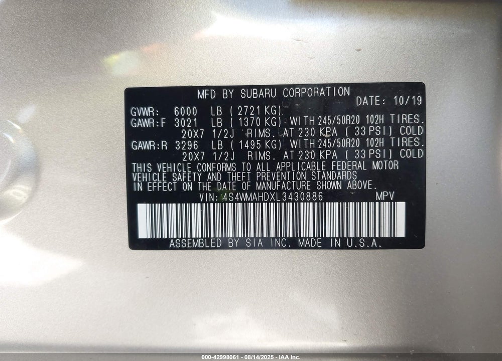 2020 SUBARU ASCENT VIN: 4S4WMAHDXL3430886