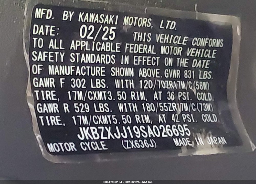2025 KAWASAKI ZX636 K VIN: JKBZXJJ19SA026695