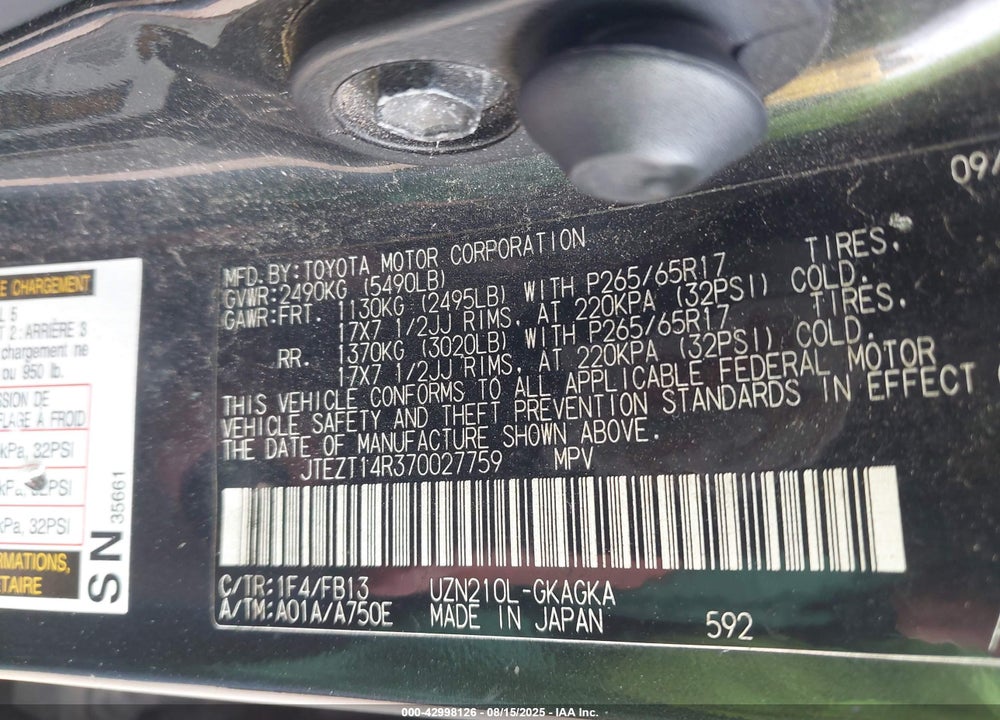 2007 TOYOTA 4RUNNER SPORT V8 VIN: JTEZT14R370027759