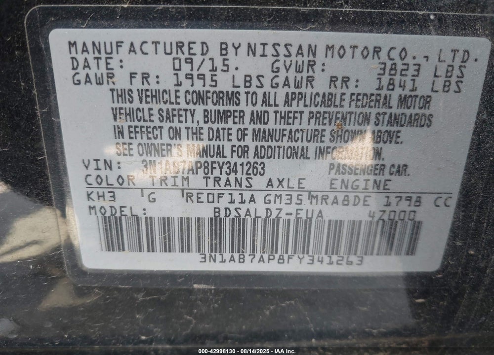 2015 NISSAN SENTRA VIN: 3N1AB7AP8FY341263