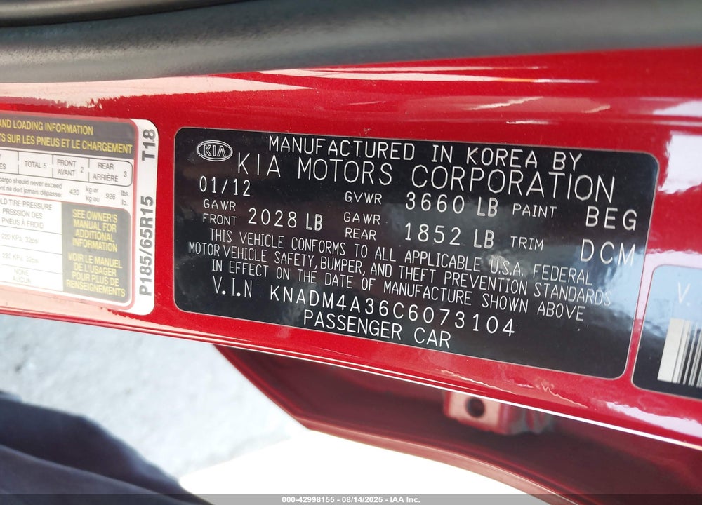2012 KIA RIO LX VIN: KNADM4A36C6073104