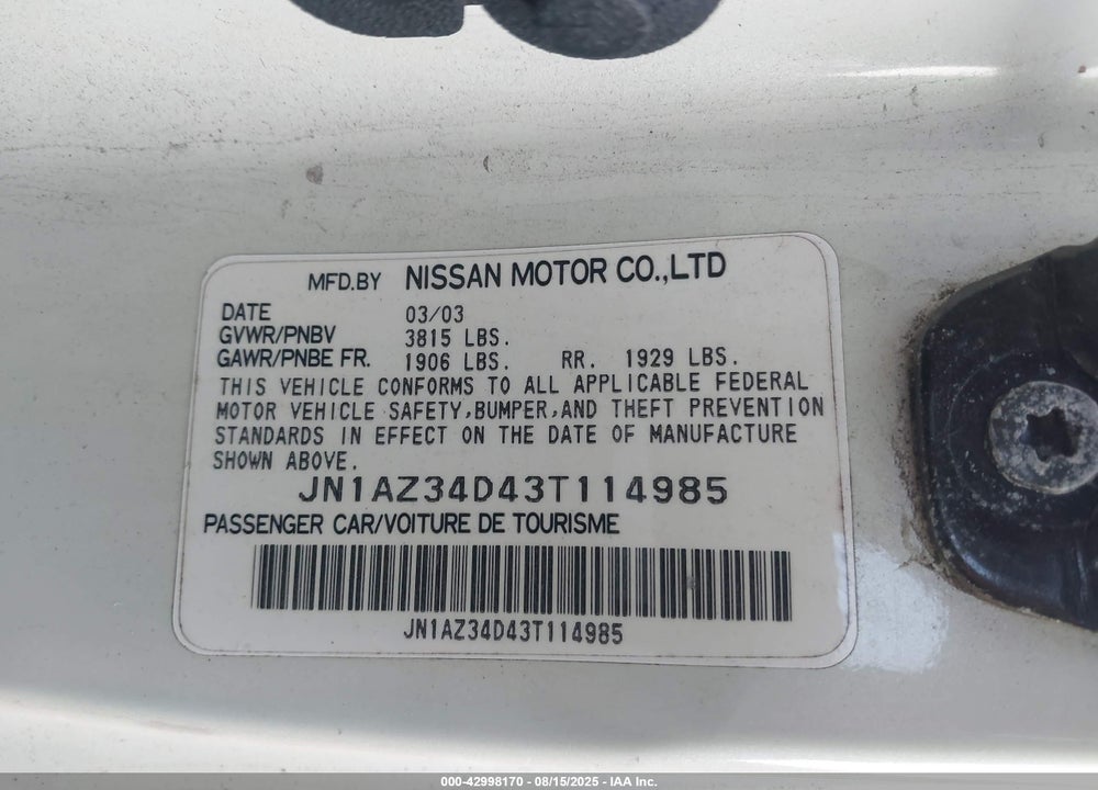 2003 NISSAN 350Z TOURING VIN: JN1AZ34D43T114985