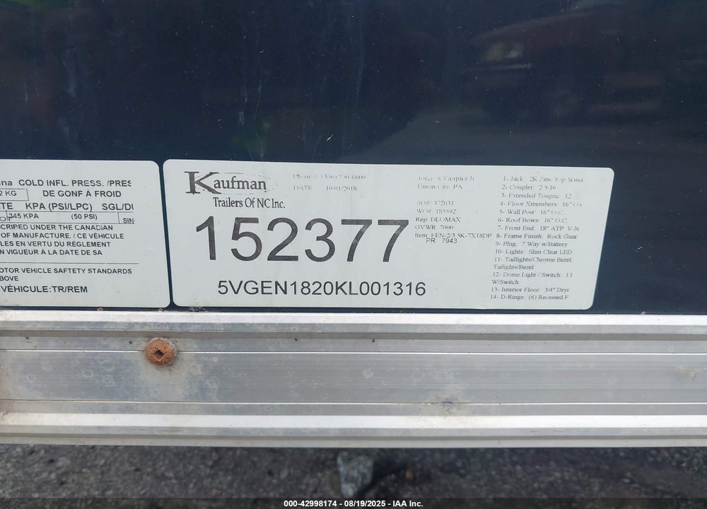 2019 KAUFMAN TRAILERS 152377 VIN: 5VGEN1820KL001316