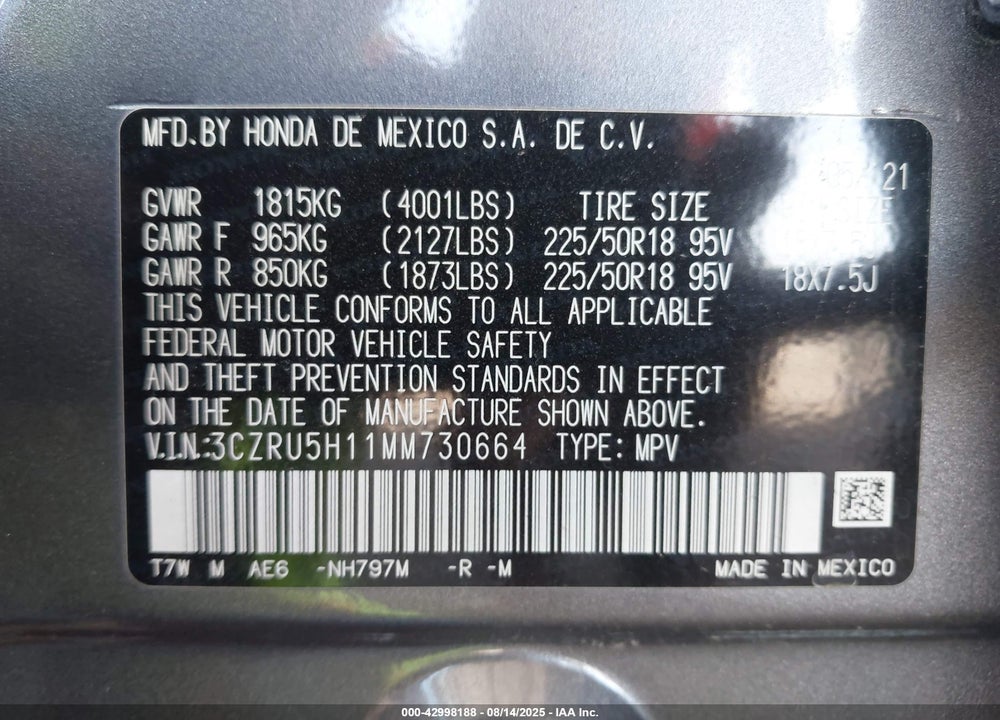 2021 HONDA HR-V VIN: 3CZRU5H11MM730664