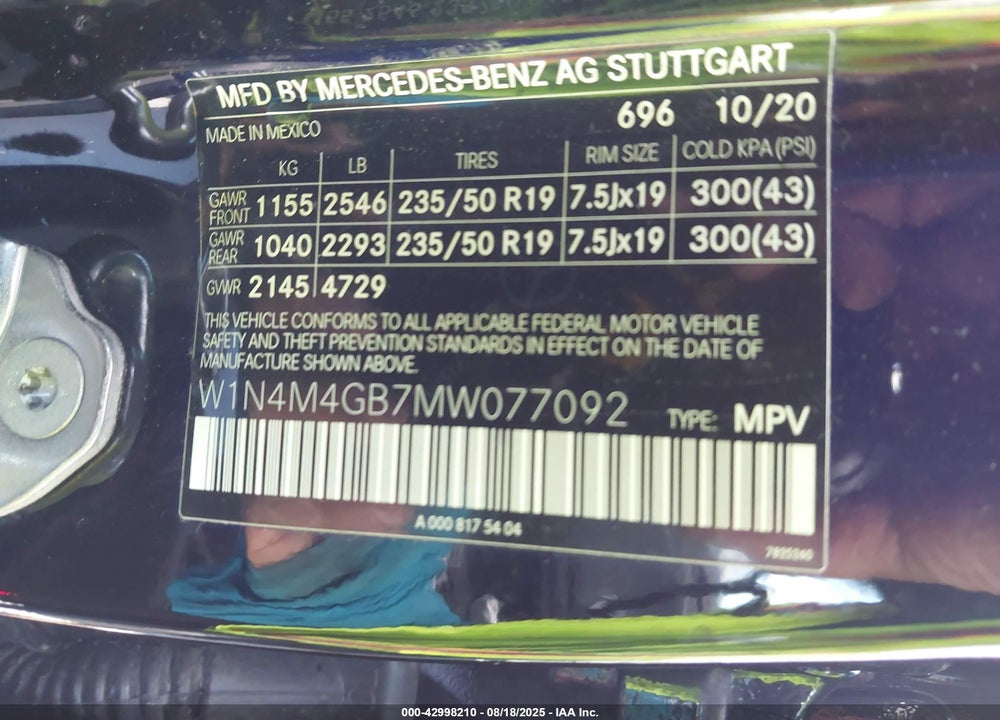 2021 MERCEDES-BENZ GLB-CLASS VIN: W1N4M4GB7MW077092
