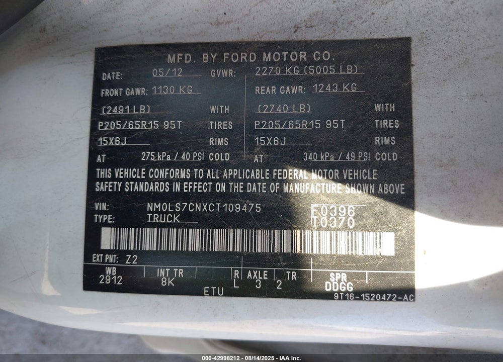 2012 FORD TRANSIT CONNECT XL VIN: NM0LS7CNXCT109475