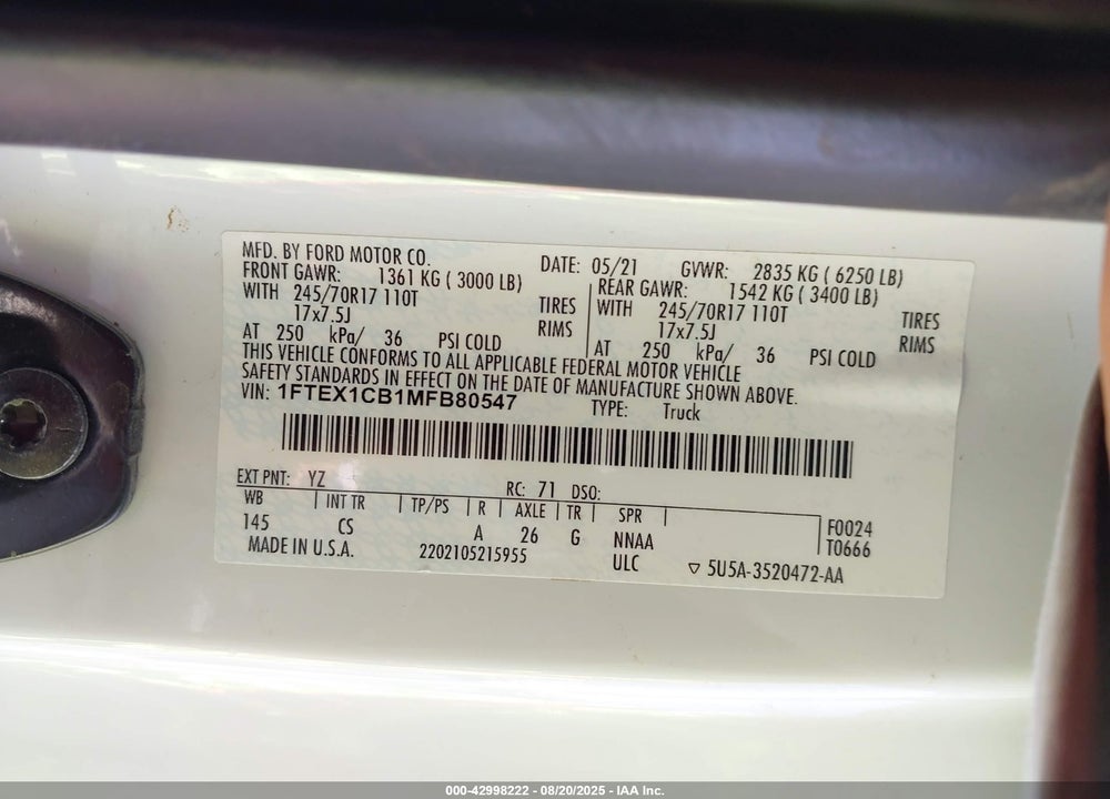 2021 FORD F-150 VIN: 1FTEX1CB1MFB80547