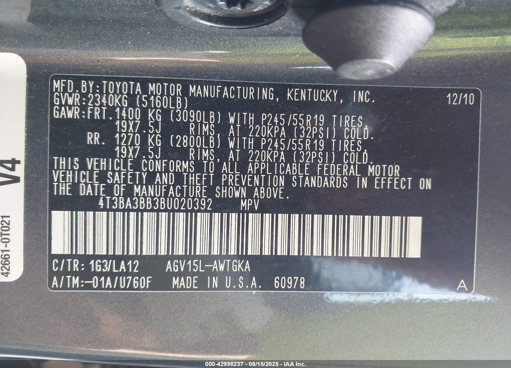 2011 TOYOTA VENZA VIN: 4T3BA3BB3BU020392