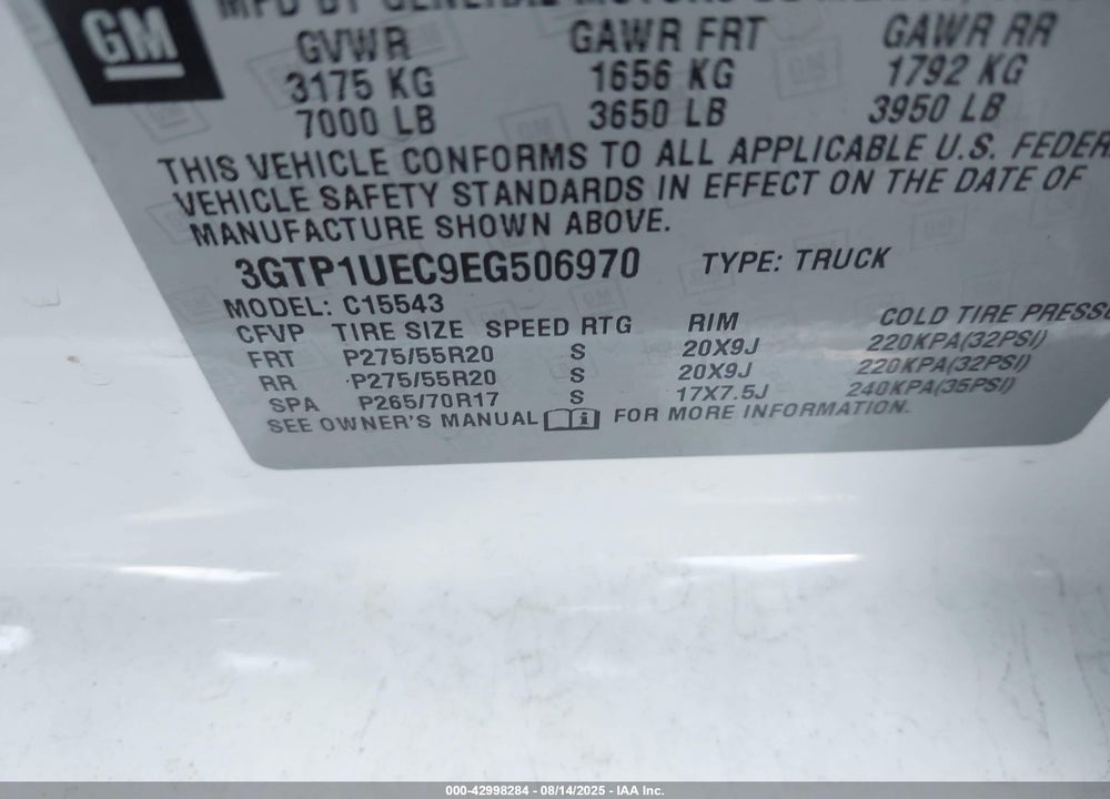 2014 GMC SIERRA 1500 VIN: 3GTP1UEC9EG506970
