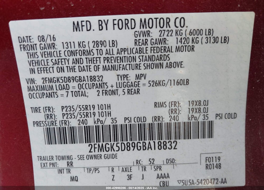 2016 FORD FLEX VIN: 2FMGK5D89GBA18832