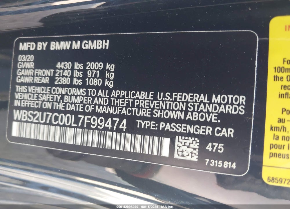 2020 BMW M2 COMPETITION VIN: WBS2U7C00L7F99474