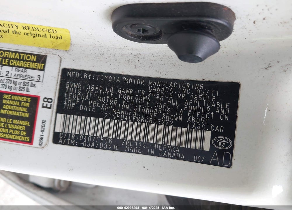 2011 TOYOTA COROLLA LE VIN: 2T1BU4EE8BC605272