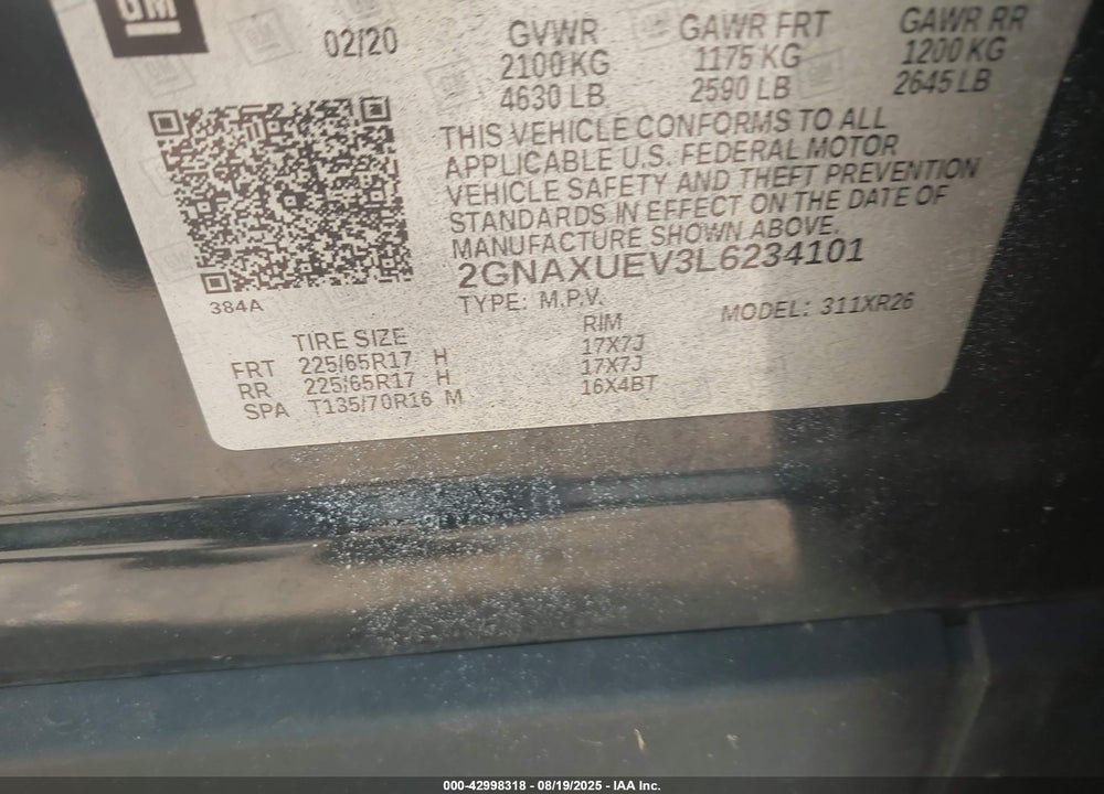 2020 CHEVROLET EQUINOX VIN: 2GNAXUEV3L6234101