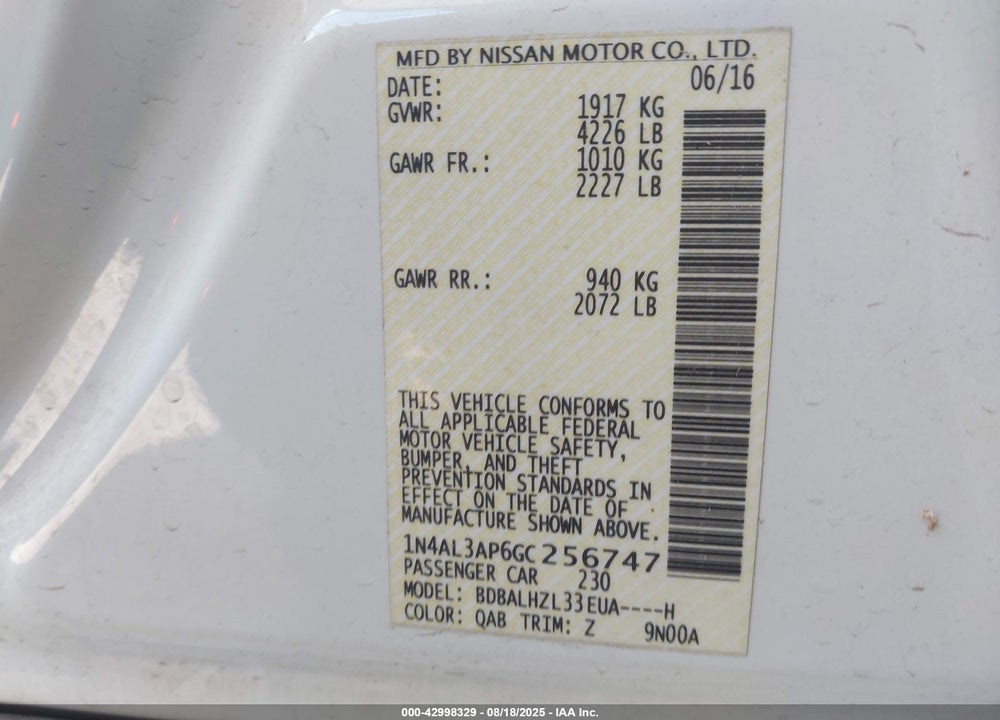 2016 NISSAN ALTIMA VIN: 1N4AL3AP6GC256747