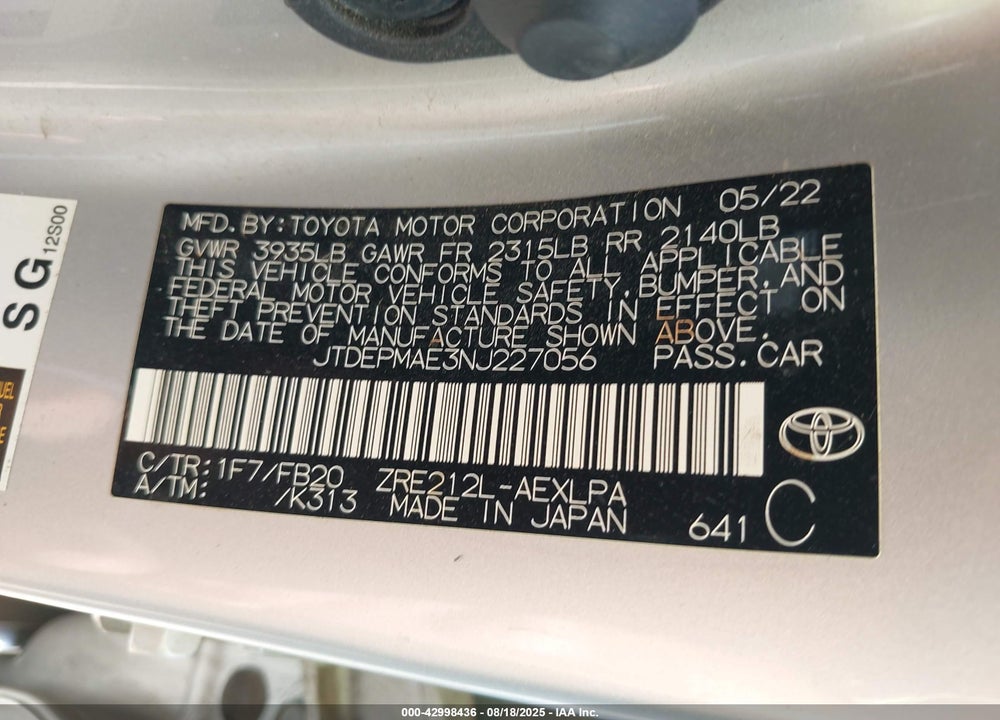 2022 TOYOTA COROLLA LE VIN: JTDEPMAE3NJ227056