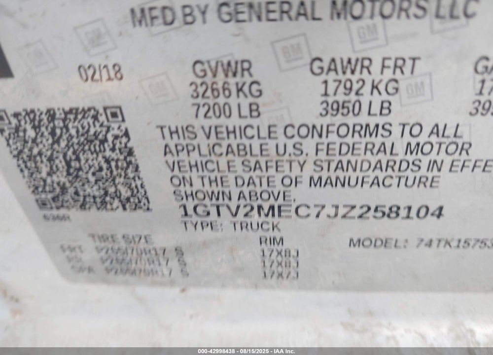 2018 GMC SIERRA 1500 VIN: 1GTV2MEC7JZ258104