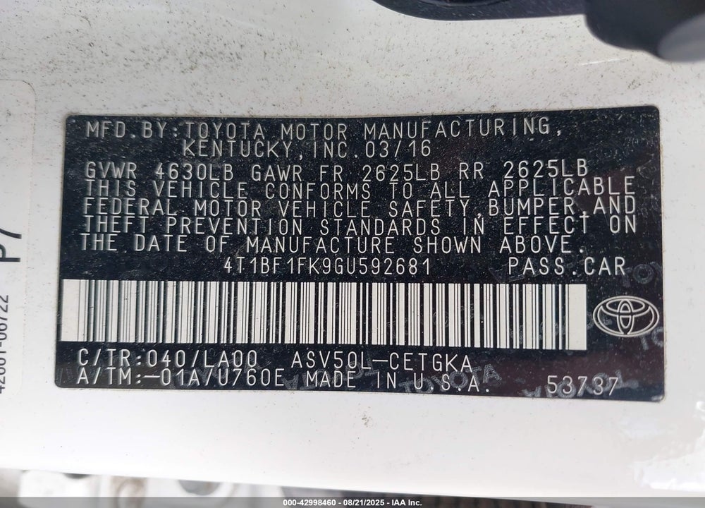 2016 TOYOTA CAMRY VIN: 4T1BF1FK9GU592681