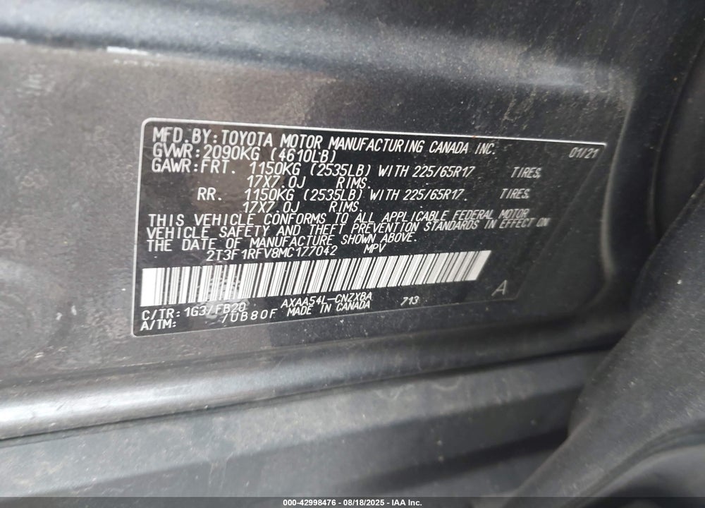2021 TOYOTA RAV4 VIN: 2T3F1RFV8MC177042