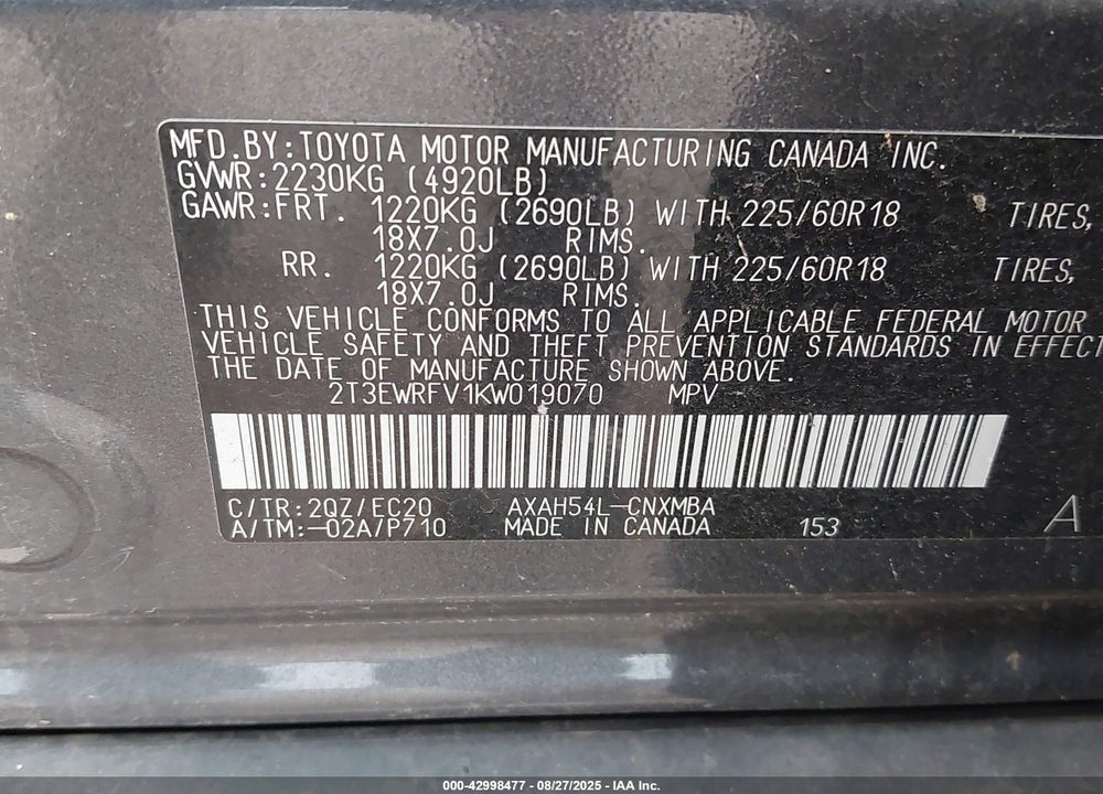 2019 TOYOTA RAV4 HYBRID VIN: 2T3EWRFV1KW019070