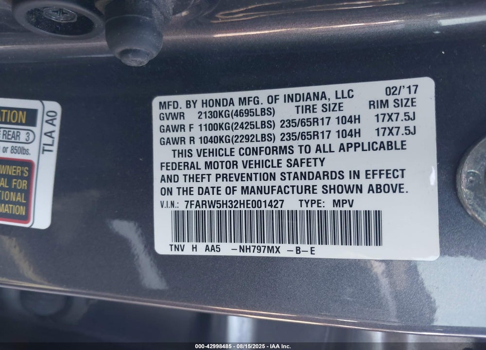 2017 HONDA CR-V LX VIN: 7FARW5H32HE001427