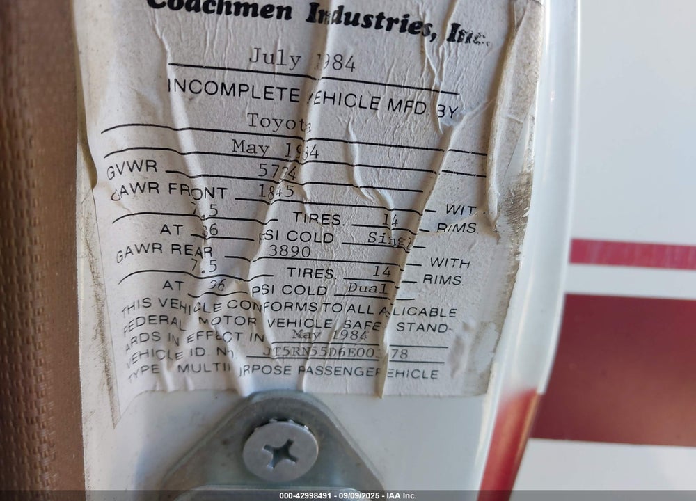 1984 TOYOTA PICKUP COMMERCIAL/CAMPER RN55 VIN: JT5RN55D6E0034478