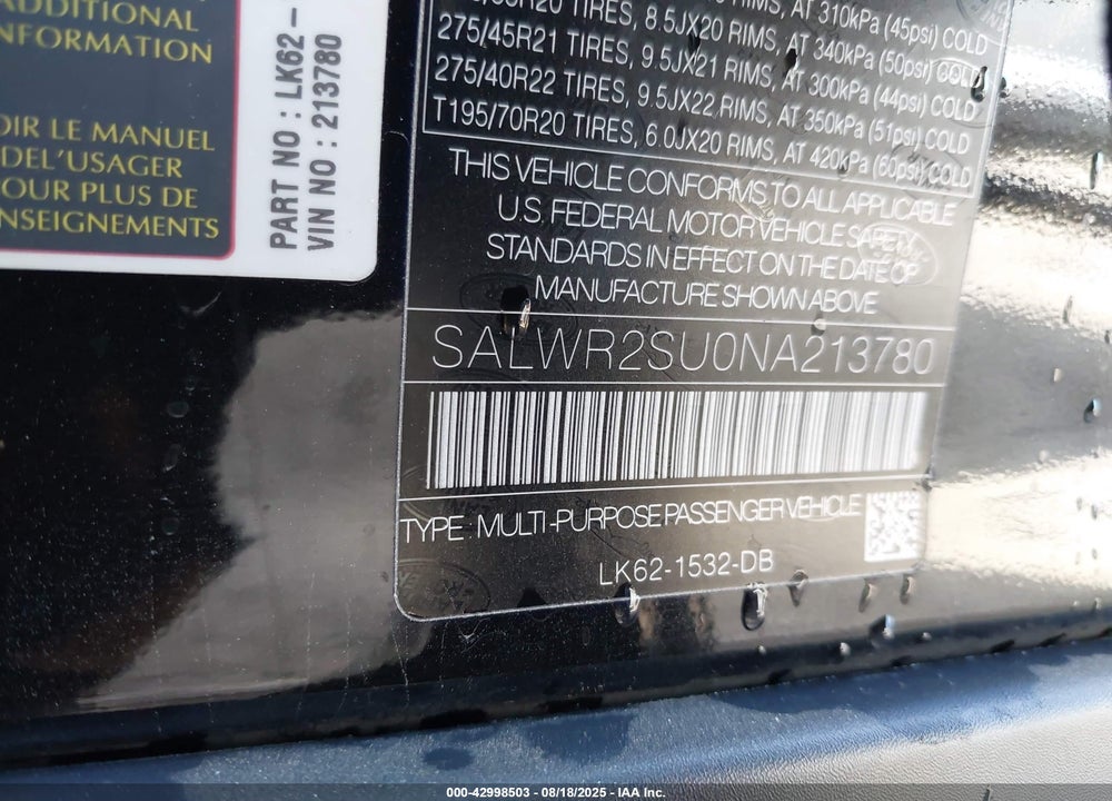 2022 LAND ROVER RANGE ROVER SPORT VIN: SALWR2SU0NA213780