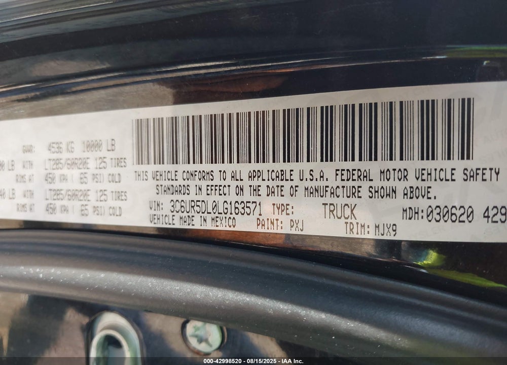 2020 RAM 2500 VIN: 3C6UR5DL0LG163571